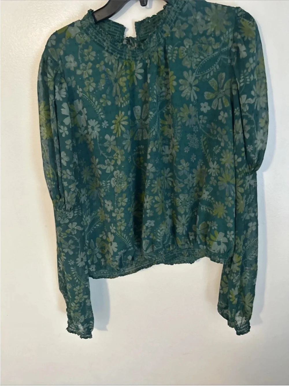 Free People Clarissa Green Sea Floral Puff-Sleeve Blouse